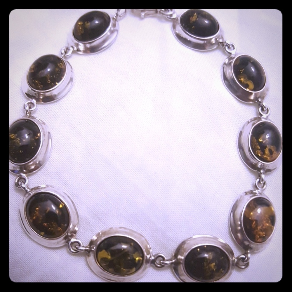 Dark green baltic amber sterling silver bracelet